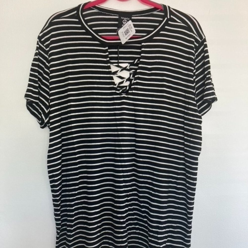 Hippie Chic‎ T-Shirt Women 2X Plus Black Stripe Cross Neck Boho Festival Chic